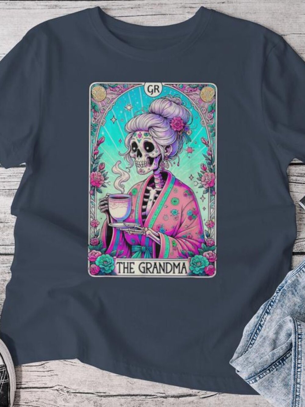 "The Grandma" Skeleton Tarot Card Graphic T-Shirt.